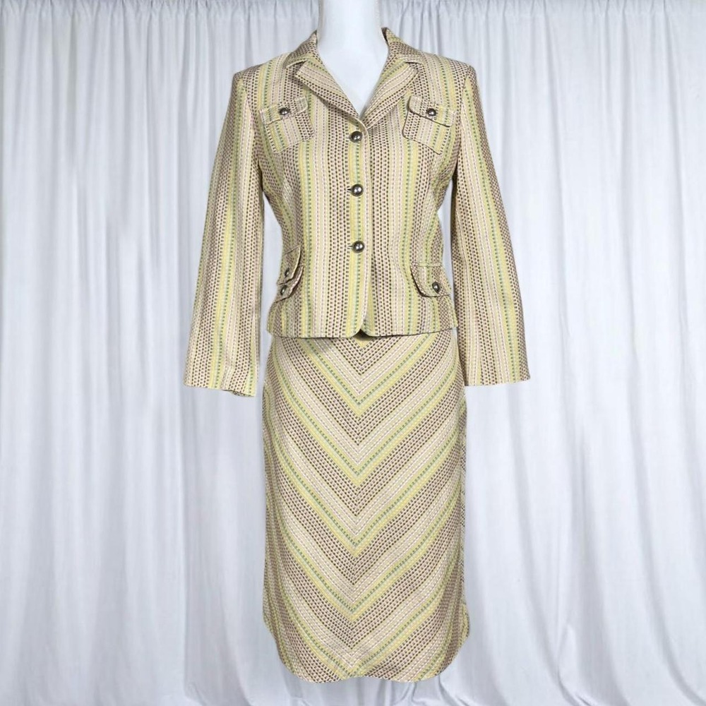 BCBG MAXAZRIA Cream Multicolor Striped Cotton Suit Set Y2K 2000s